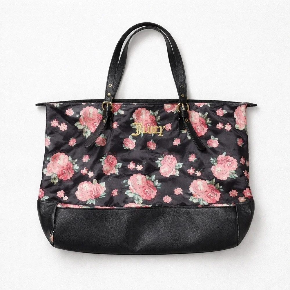 Juicy Couture Y2K  Black Floral Print Tote Bag Gold Logo Quilted Faux Leather